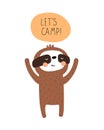 Lets camp. cartoon sloth, hand drawing lettering. flat style, colorful vector for kids.